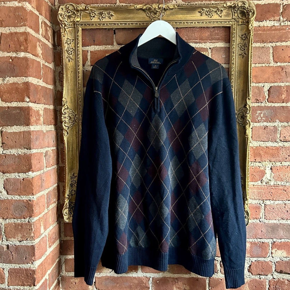 Brooks Brothers Navy and Maroon Argyle Zip-Up Sweater